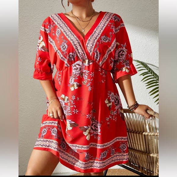 Boho Plus Size Floral Print Tie Back Dress Navy Blue - Picture 13 of 14